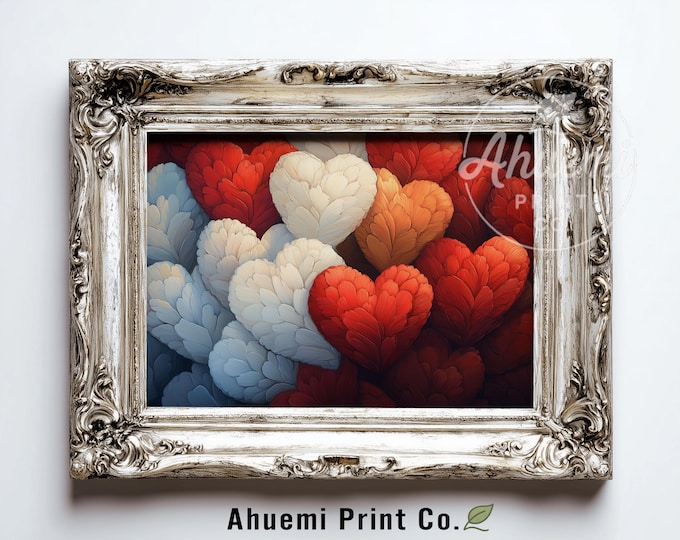 Printable Heart Cluster Wall Art - Romantic Sculptural Painting in Reds and Creams, Modern Texture Digital Decor, Embossed Heart Art 589