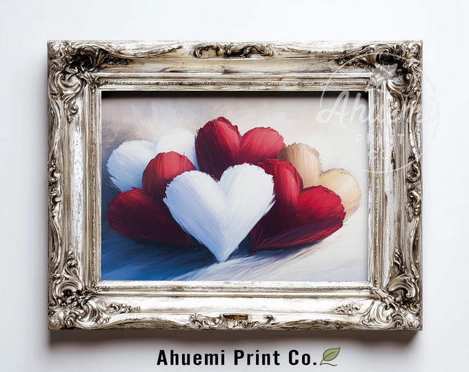 Moody Romantic Heart Cluster - Modern Valentines Printable Art, Cozy Painterly Painting, Red and Blush Heart Decor, Instant Download 580