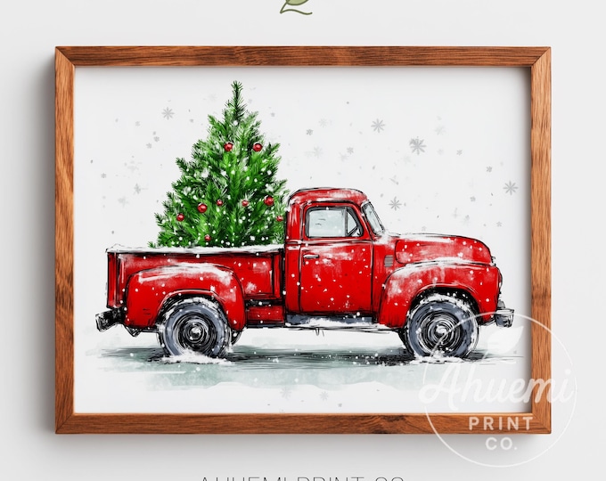 Vintage Red Truck Christmas Tree Print – Rustic Farmhouse Holiday (Digital Download)