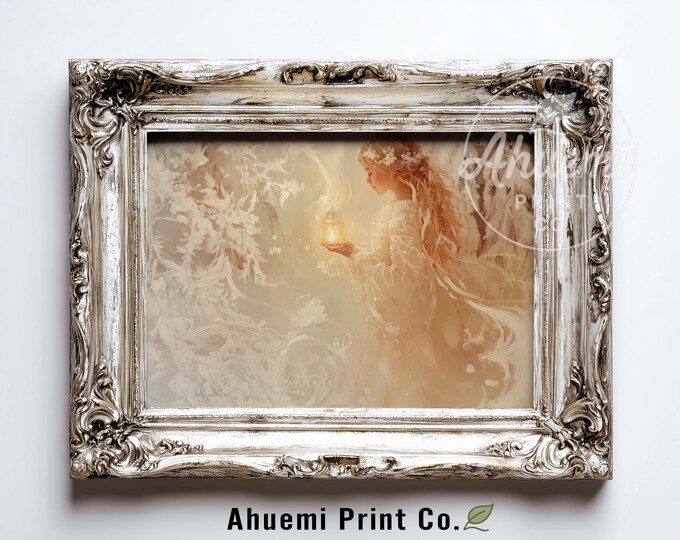 Snowy Pine Grove Girl Print - Moody Cottagecore Winter Art (Digital Download)