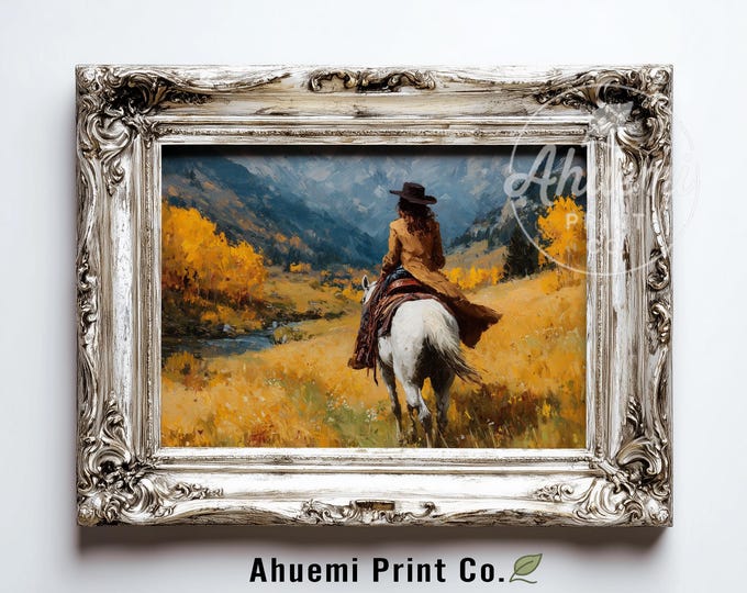 Rustic Western Cowgirl Landscape - Autumn Mountain Pass Art, Pastoral Country Scene, Printable Horseback Riding Decor, Digital Wall Art 412