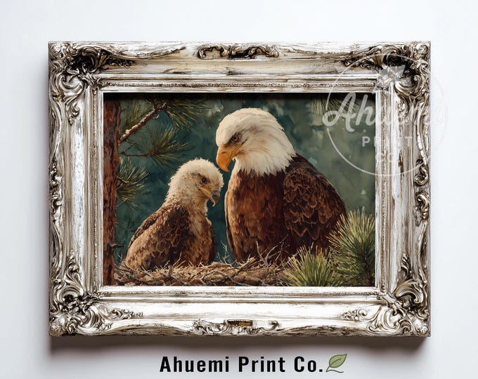 Printable Bald Eagles Nest Painting - Rustic Wildlife Art, Earthy Nesting Scene, Vintage Nature Decor, Tender Forest Digital Download 439