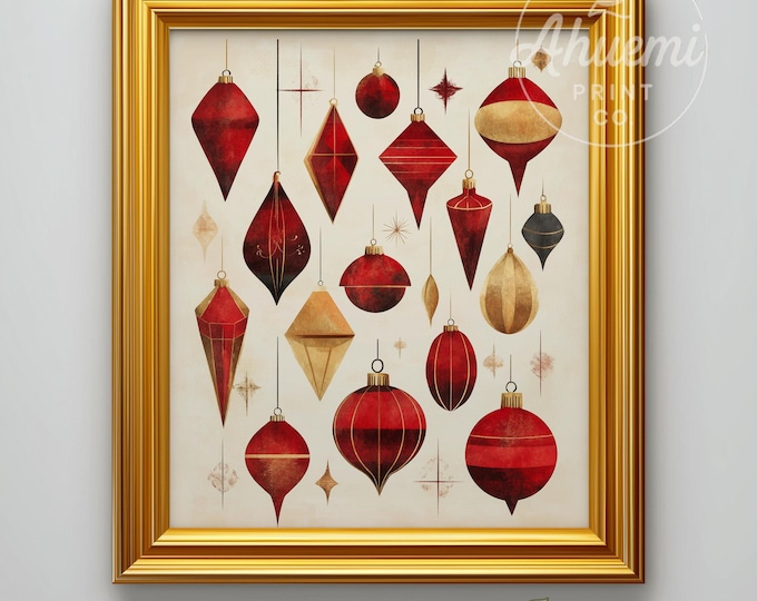 Abstract Vintage Christmas Ornaments Art Print - Retro Holiday Decor (Digital Download)