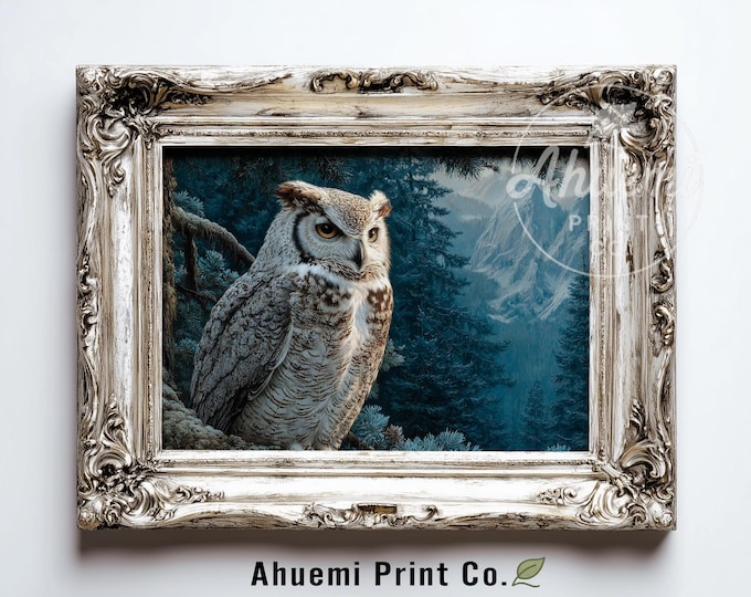 Majestic Great Horned Owl Printable Art - Moody Woodland Scene, Rustic Wildlife on Pine, Dark Forest Decor, Natural Digital Download 374