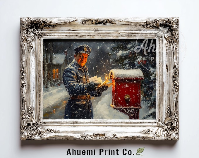 Christmas Mail Carrier Painting, Rustic Snowy Scene (Digital Download)