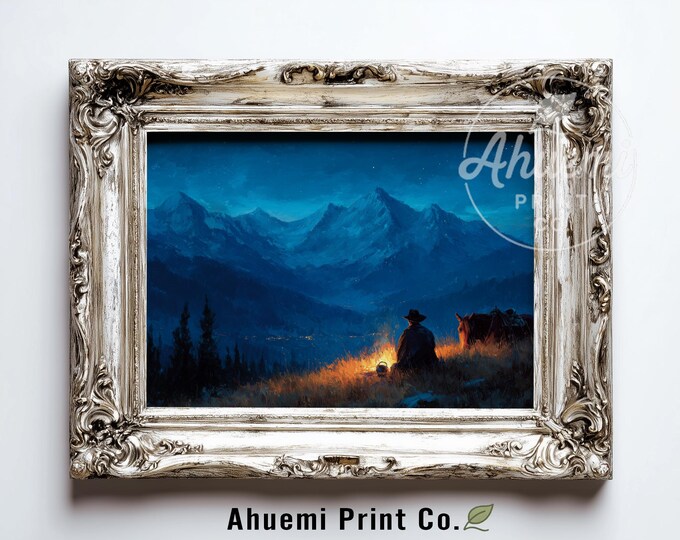 Rustic Cowboy by Campfire Painting - Moody Western Night Scene, Printable Wall Art, Cozy Wilderness, Digital Landscape, Western Decor 390