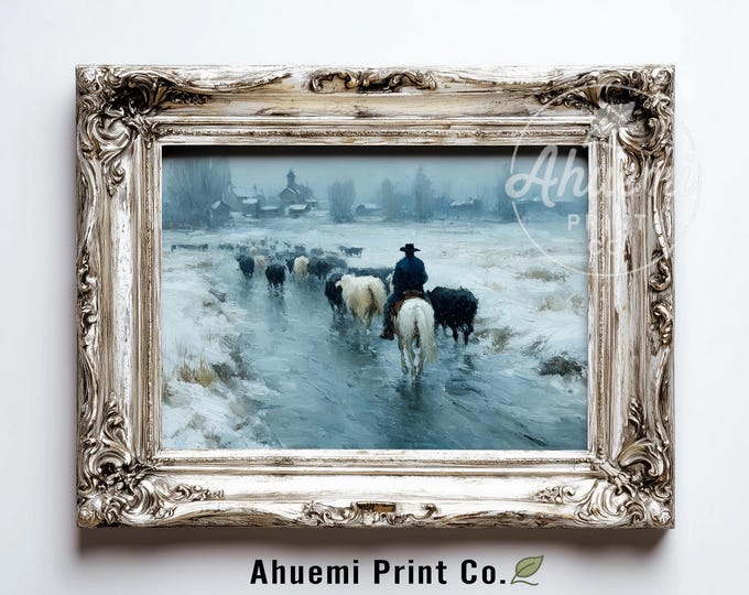 Moody Winter Cowboy and Cattle Scene - Rustic Western Landscape Art, Vintage Pastoral Horseback Painting, Printable Farmhouse Wall Decor 385