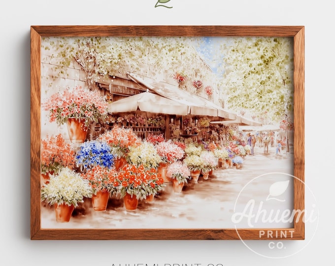 Cottagecore Flower Market Watercolor Painting – Vintage Floral Scene (Digital)