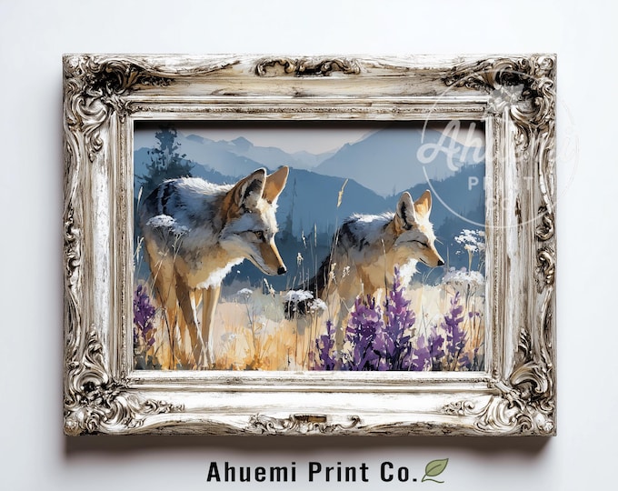 Rustic Summer Coyote Family in Meadow - Printable Wildlife Art, Serene Digital Landscape with Wildflowers, Rustic Wall Art Download 429