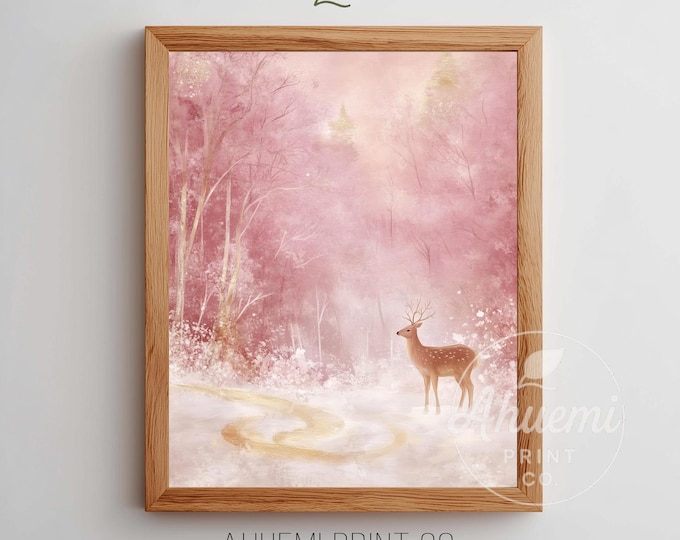 Pink Winter Deer Painting, Snowy Forest Cottagecore Art (Digital Download)