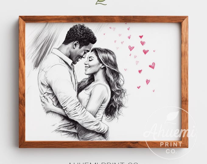 Hand-drawn Black Couple Embracing Portrait - Romantic Minimalist Art, Cozy Love Sketch with Hearts, Printable Wall Art Download 55