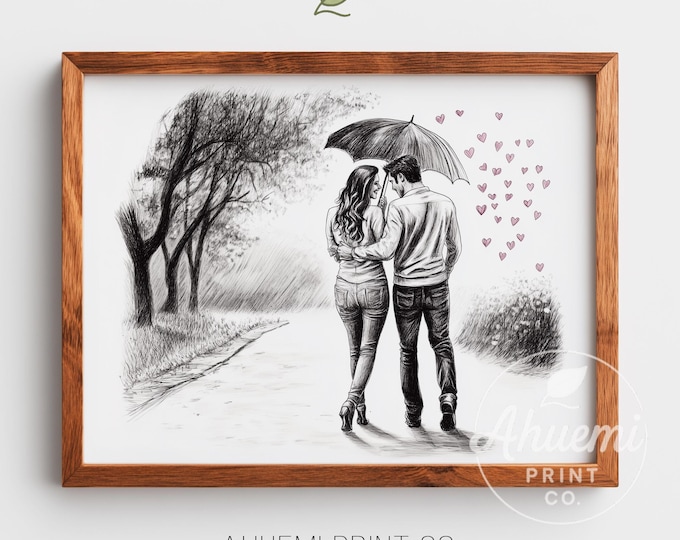 Hand-Drawn Couple Sharing Umbrella in Rain - Romantic Printable Art, Cozy Grayscale Sketch, Heart-Shaped Raindrops, Digital Download 59