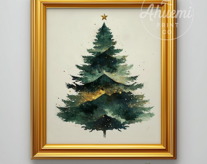 Abstract Modern Christmas Tree Art Print – Green & Gold Holiday Decor (Digital Download)