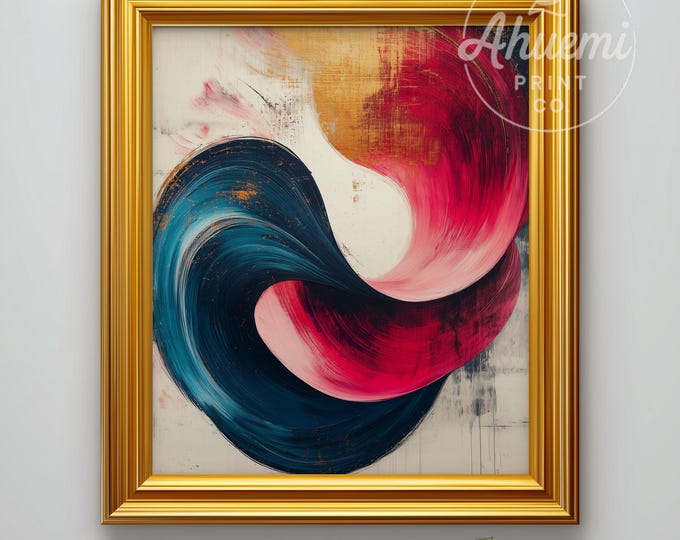 Teal and Magenta Abstract Print – Festive Ribbon Brushstrokes (Digital Download)