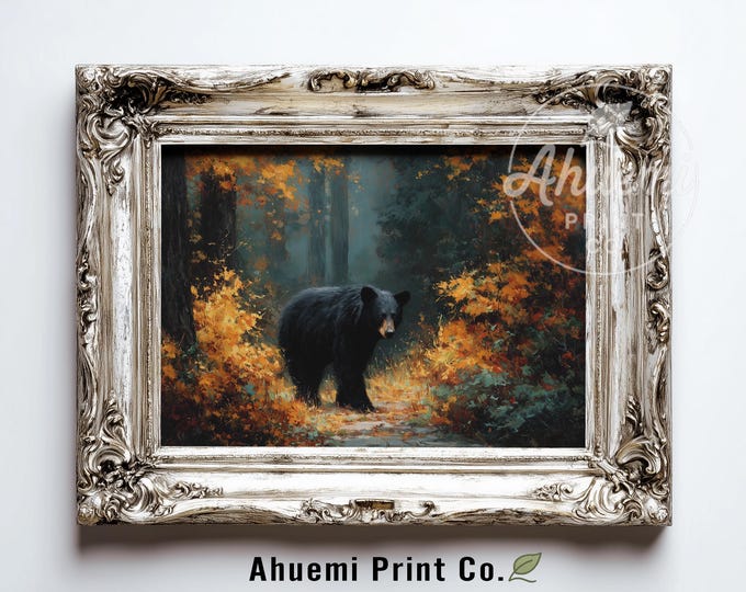 Rustic Black Bear in Autumn Forest - Moody Wildlife Printable Art, Solitary Bear on Leafy Path, Cozy Fall Landscape, Digital Download 381