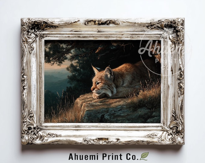 Moody Bobcat on Sunlit Rock - Printable Rustic Wildlife Wall Art, Serene Nature Scene, Cabin Decor, Detailed Nature Painting, 383