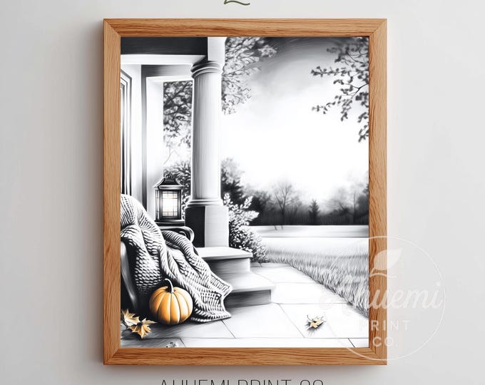Autumn Porch Printable Art – Rustic Farmhouse Pumpkin Scene (Digital Download)