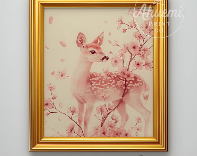 Cottagecore Fawn Print - Romantic Botanical Nursery Art, Cute Deer Illustration, Soft Vintage Style, Baby Animal Pink Florals, Printable 567