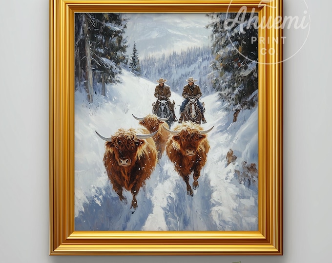Highland Cattle Winter Print – Snowy Farmhouse Landscape (Digital Download)