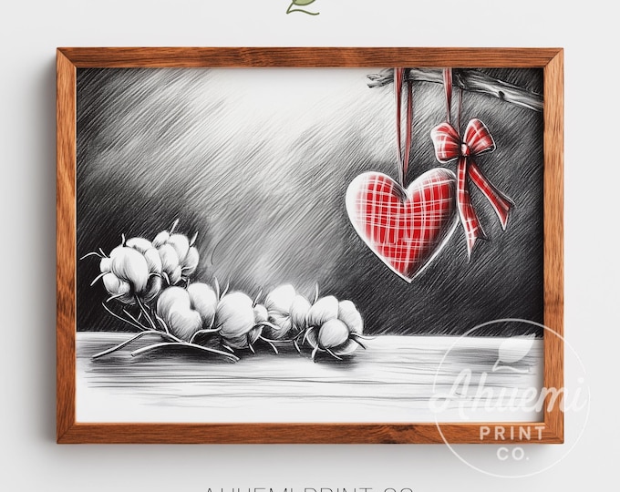 Rustic Plaid Heart & Cotton Stems Art Print – Farmhouse Decor (Digital Download)