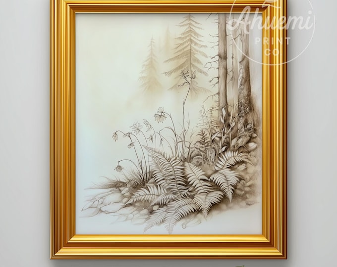 Vintage Fern Botanical Print – Moody Cottagecore Forest Scene (Digital Download)
