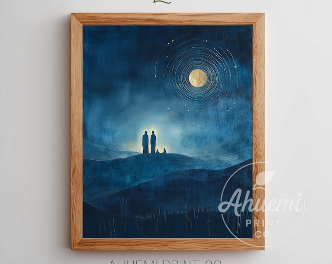 Moody Minimalist Nativity Silhouette Printable - Modern Holiday Art, Spiritual Christmas Scene, Luminous Star, Abstract Watercolor 242