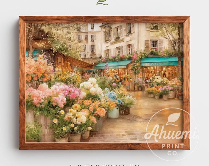 Cottagecore Flower Market Watercolor Print – European Street Scene (Digital Download)