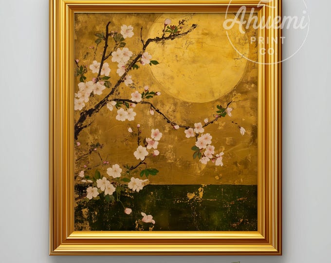 Cherry Blossom Golden Moon Print – Asian Vintage Botanical Art (Digital Download)