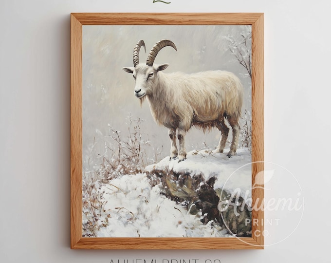 Rustic Mountain Goat Portrait - Snowy Winter Landscape (Digital Download)