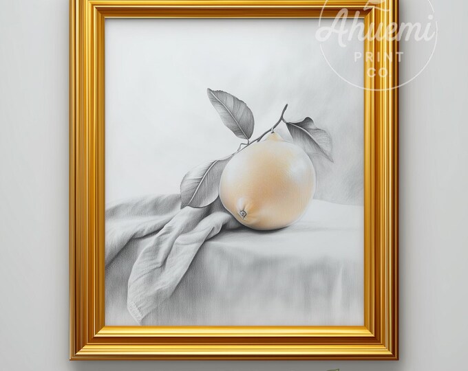 Vintage Lemon Still Life Print – Rustic Farmhouse Graphite Art (Digital Download)