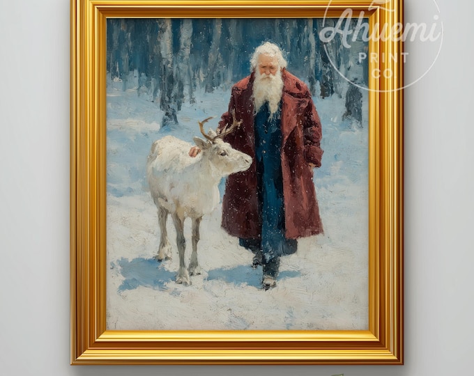 Vintage Santa Claus and Reindeer Print – Snowy Forest Christmas Art (Digital Download)