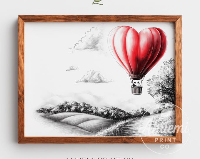 Heart Hot Air Balloon Landscape Print – Romantic Digital Download