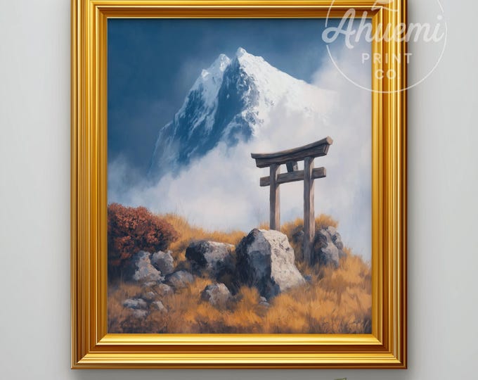 Majestic Japanese Landscape Printable - Shinto Torii Gate Art, Zen Nature Painting, Winter Mountain, Rustic Decor, Digital Download 497