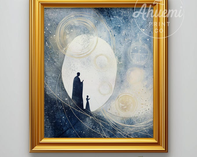 Minimalist Nativity Art Print – Celestial Holy Family Watercolor (Digital Download)