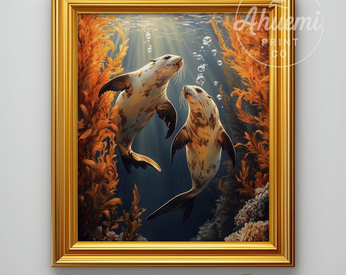 Moody Sea Otters Swim Under Amber Kelp - Marine Nature Wall Art, Serene Ocean Scene with Sunrays, Coastal Decor Print, Digital Download 468