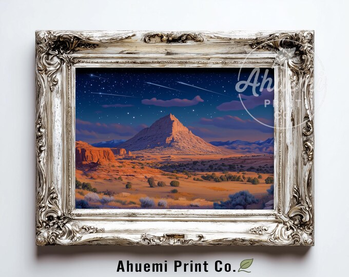 Moody Desert Landscape Printable - Dramatic Southwestern Night Scene, Butte & Mesa Vista, Earthy Warm Tones, Digital Wall Art Download 561