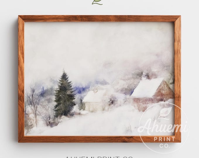 Winter Mountain Village Watercolor Print – Cozy Cottage Art (Digital Download)