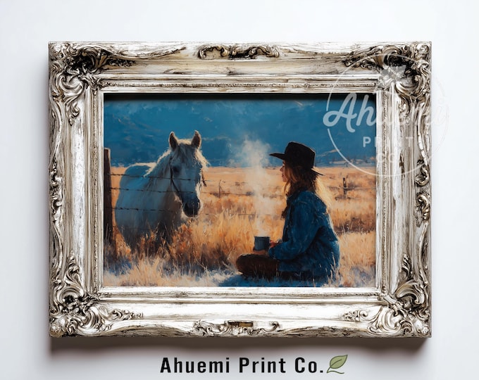 Rustic Cowgirl with White Horse on Frosty Morning - Moody Winter Landscape Art, Cozy Farmhouse Decor, Digital Illustration, Printable 407