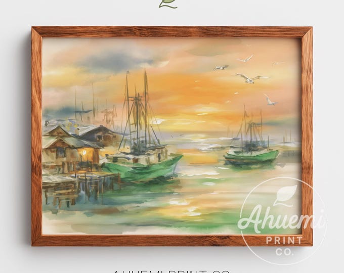 Nautical Harbor Watercolor Painting – Vintage Fishing Boats, Coastal Sunrise (Digital Printable)