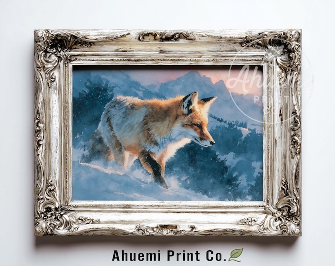 Printable Sierra Nevada Red Fox in Snow - Moody Winter Wildlife Painting, Rustic Nature Decor, Cabin-Theme Art, Digital Art Download 396