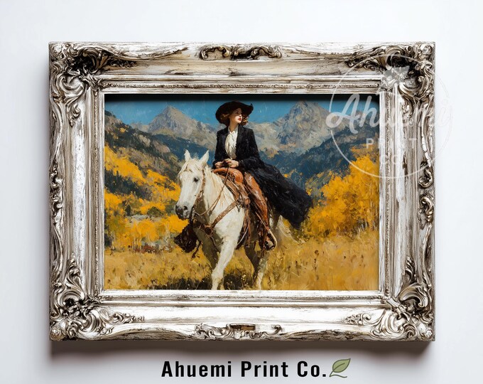 Cowgirl Riding Through Mountain Pass - Rustic Western Landscape Art, Moody Autumn Decor with Golden Aspens, Vintage Printable Wall Art 428