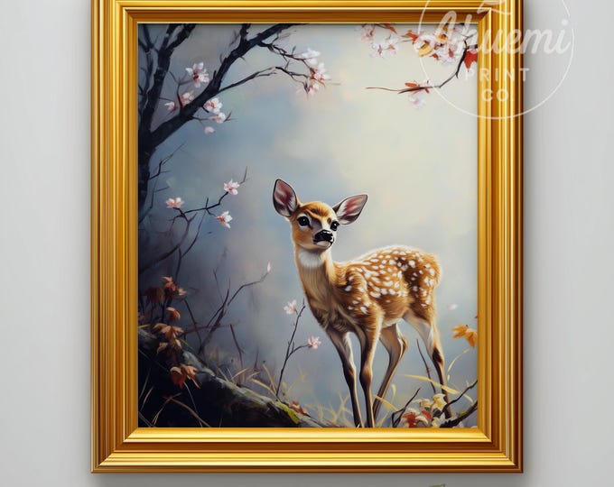 Printable Woodland Fawn Fine-Line Illustration - Tranquil Cottagecore Deer in Misty Forest, Cute Nature-Inspired Art, Digital Download 568