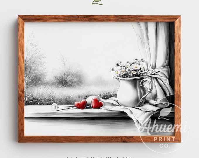 Rustic White Pitcher with Hearts Print – Farmhouse Wall Art (Digital Download)