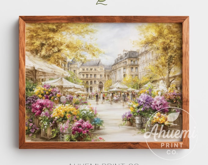 European Flower Market Watercolor Painting – Vintage Cottagecore Art (Digital Download)