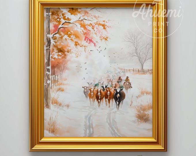 Winter Cattle Drive Watercolor Painting - Rustic Farmhouse Decor (Digital Download)