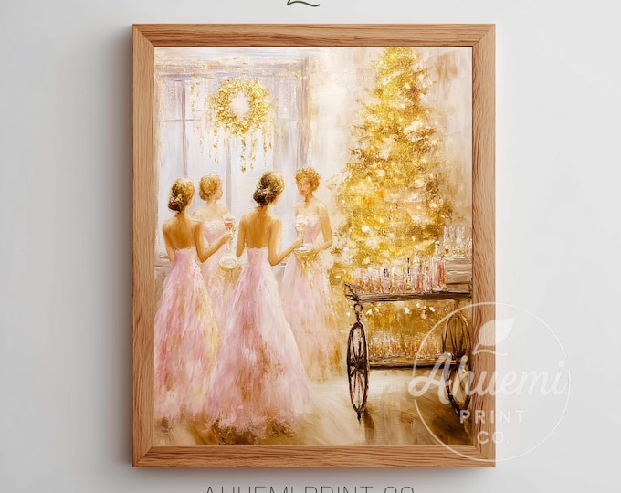 Pink Christmas Party Art Print – Elegant Women, Mid-Century Holiday Scene (Digital)