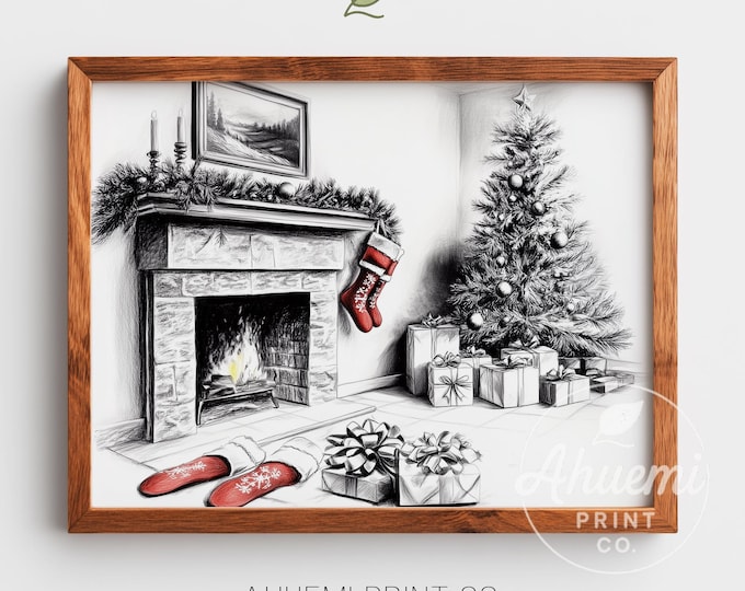 Vintage Fireplace Christmas Tree Sketch – Cozy Holiday Wall Art (Digital Download)