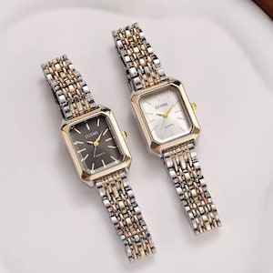 Elegante reloj bicolor para mujer | Esfera rectangular | Reloj clásico de pulsera | Movimiento de cuarzo