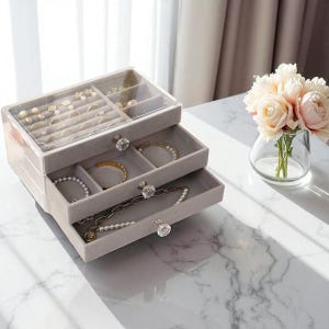 May include: A three-tiered jewellery organiser with a clear lid and crystal knobs. The top level has compartments for rings and earrings. The drawers are lined with grey velvet and hold bracelets and necklaces. A vase of pink flowers sits nearby.