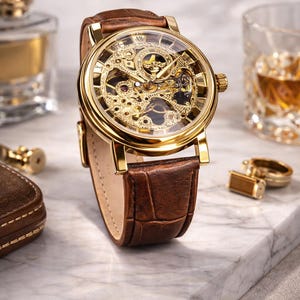 Zegarek Steampunk Skeleton męski automatyczny mechaniczny ze złotym mechanizmem, vintage, skórzany pasek, wyjątkowy prezent